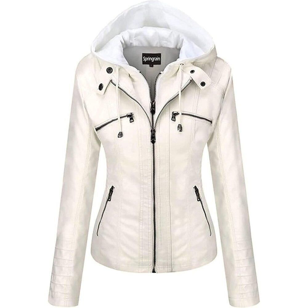 Women's White Faux Leather Jacket Moto Biker Coat with Detachable Hood Jacket
